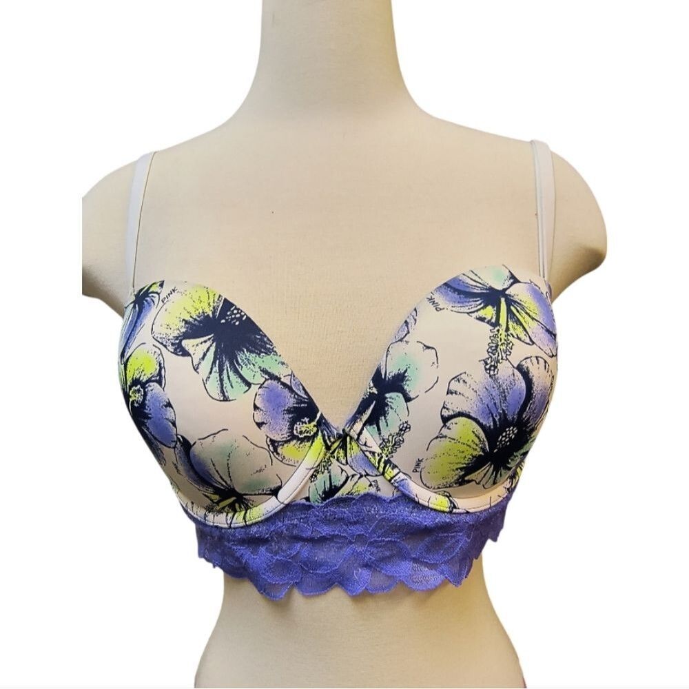 PINK by Victoria Secret Padded Underwire Floral Bra Lace Trim Purple 36D NWT